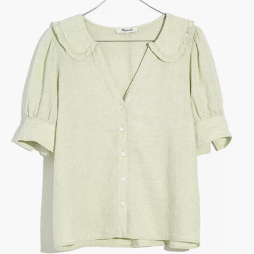 Madewell Women's Linen-Blend Peter Pan Collar Shirt in Mint Green Size 6
